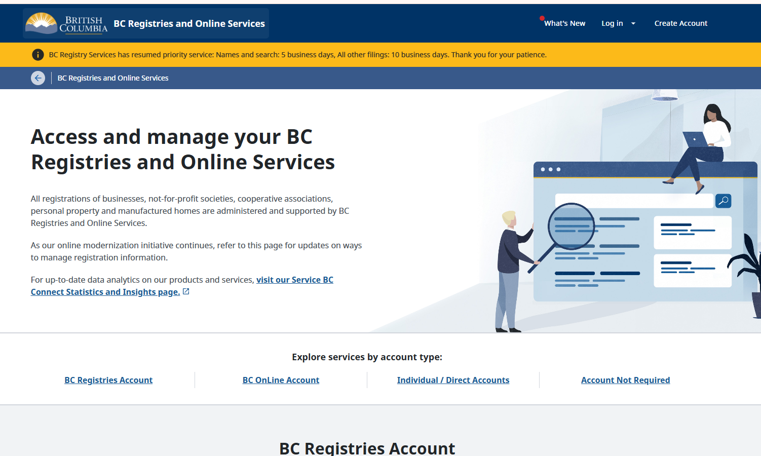 BC Registries and Online Services main webpage for incorporation